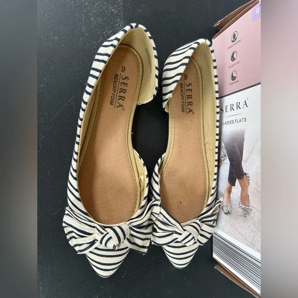 Serra Black and White Striped Flats with Bow - Picture 3 of 10